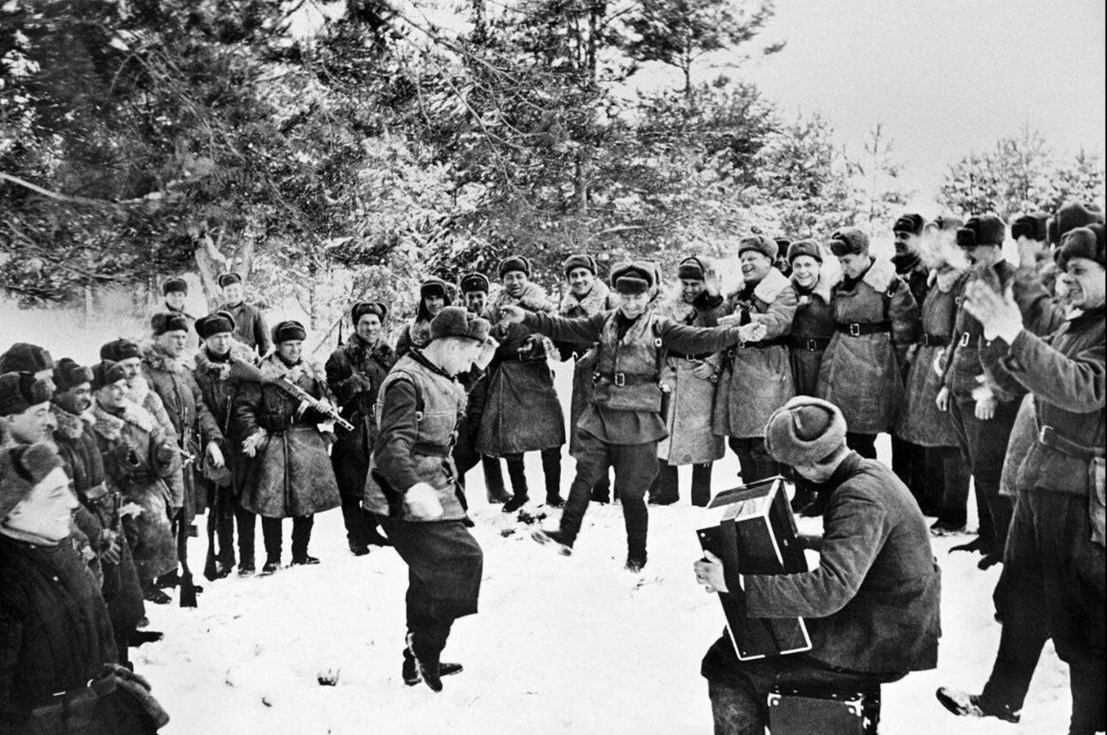 Red Army soldiers celebrating after the successful Soviet counteroffensive. 